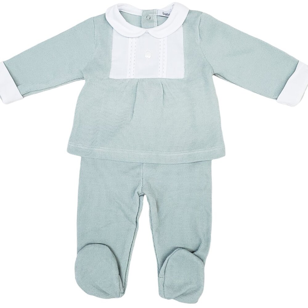 Babidu Canutillo Pintuck Shirt Footie Pant Set - Green - NEW